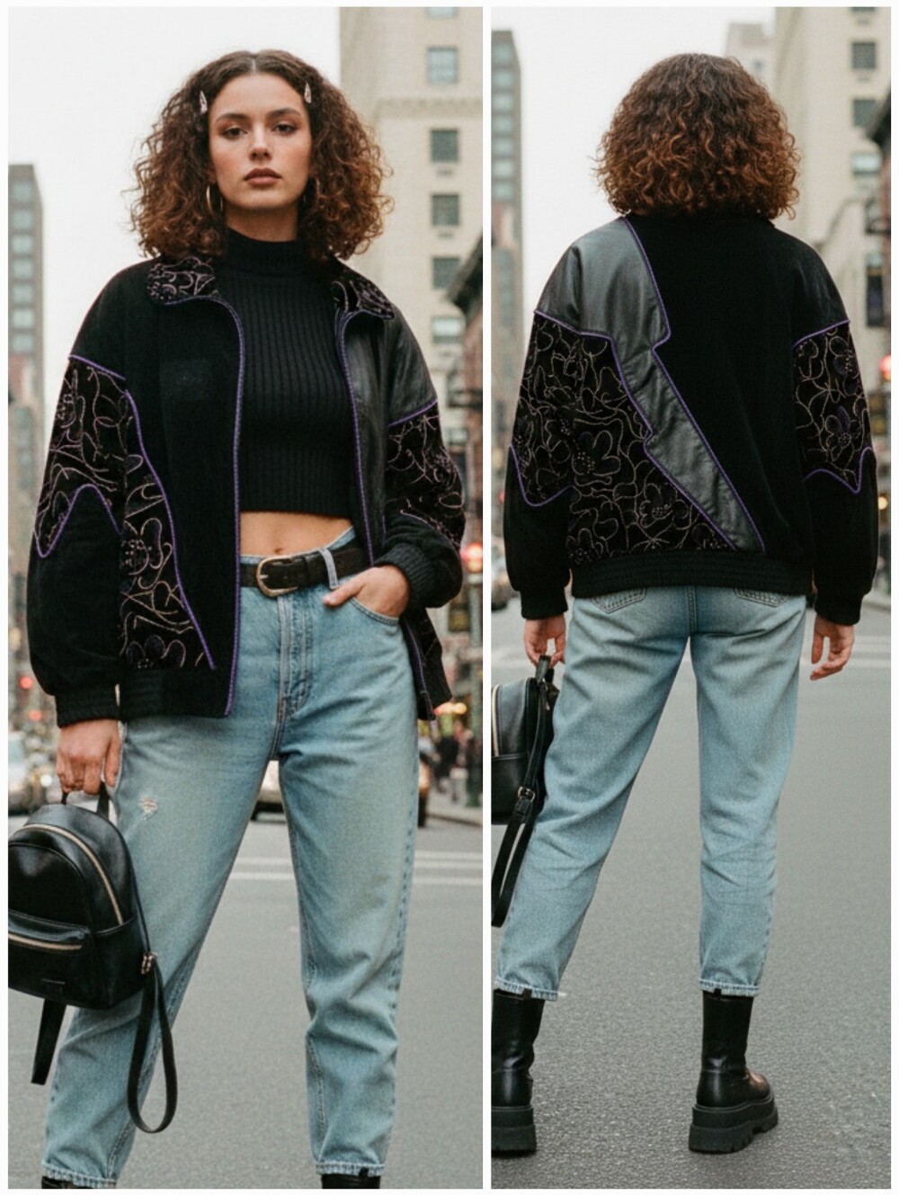 Alia L Vintage 80s 90s Eclectic Retro Leather Suede & Velvet Bomber Jacket